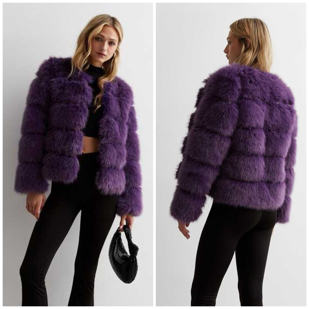 Gini London Purple Faux Fur Coat M/L Cropped Jacket Plush Tiered Lined - Picture 2 of 11